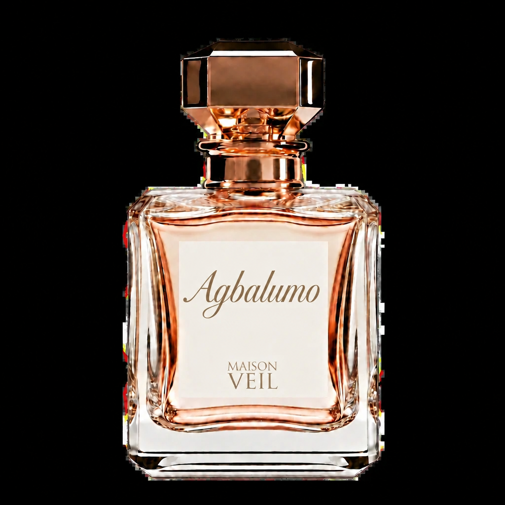 Maison Veil Agbalumo perfume bottle with a faceted rose gold cap and a warm peach-colored liquid inside a clear glass bottle, set against a solid white background.