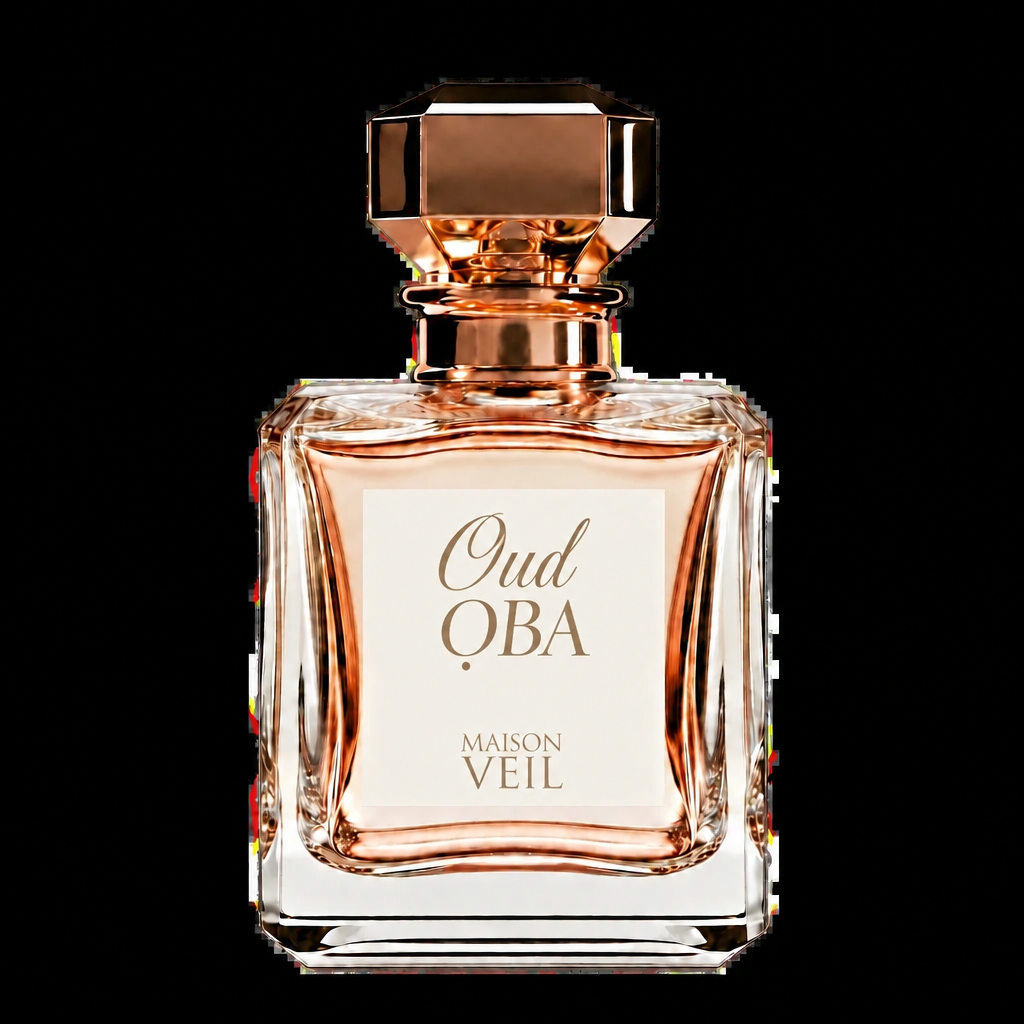 Maison Veil Rose Supreme Veil  perfume bottle with a faceted rose gold cap and a warm peach-colored liquid inside a clear glass bottle, set against a solid white background.